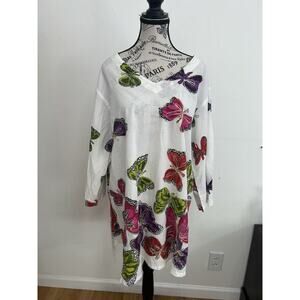 LA Cera 100% Cotton White Tunic W/ Butterflies Lightweight Playful Resort Sz 1X